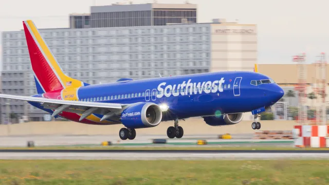 A Southwest Airlines flight landing at an airport