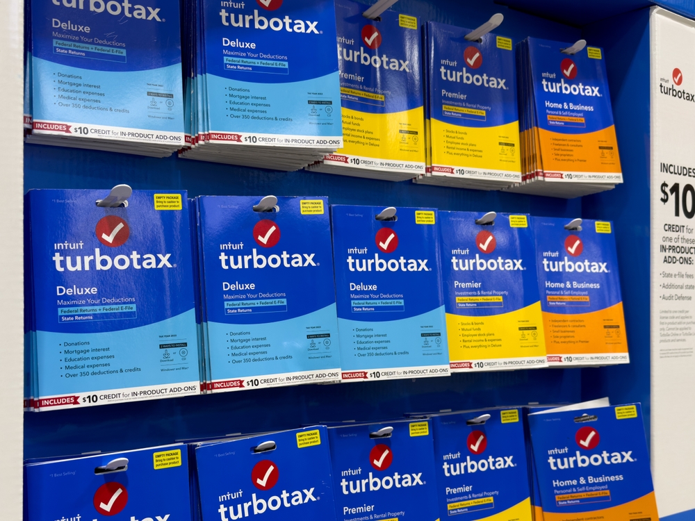 A rack of TurboTax programs for sale in a store