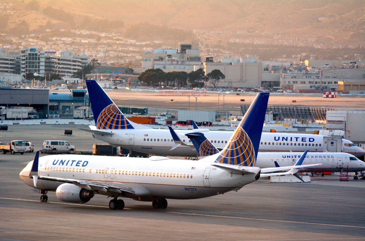 SAN FRANCISCO, USA - MAY 20 2015:United Airlines planes in San Francisco International Airport.It is the world's largest airline when measured by number of destinations served.