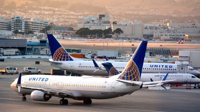 SAN FRANCISCO, USA - MAY 20 2015:United Airlines planes in San Francisco International Airport.It is the world's largest airline when measured by number of destinations served.