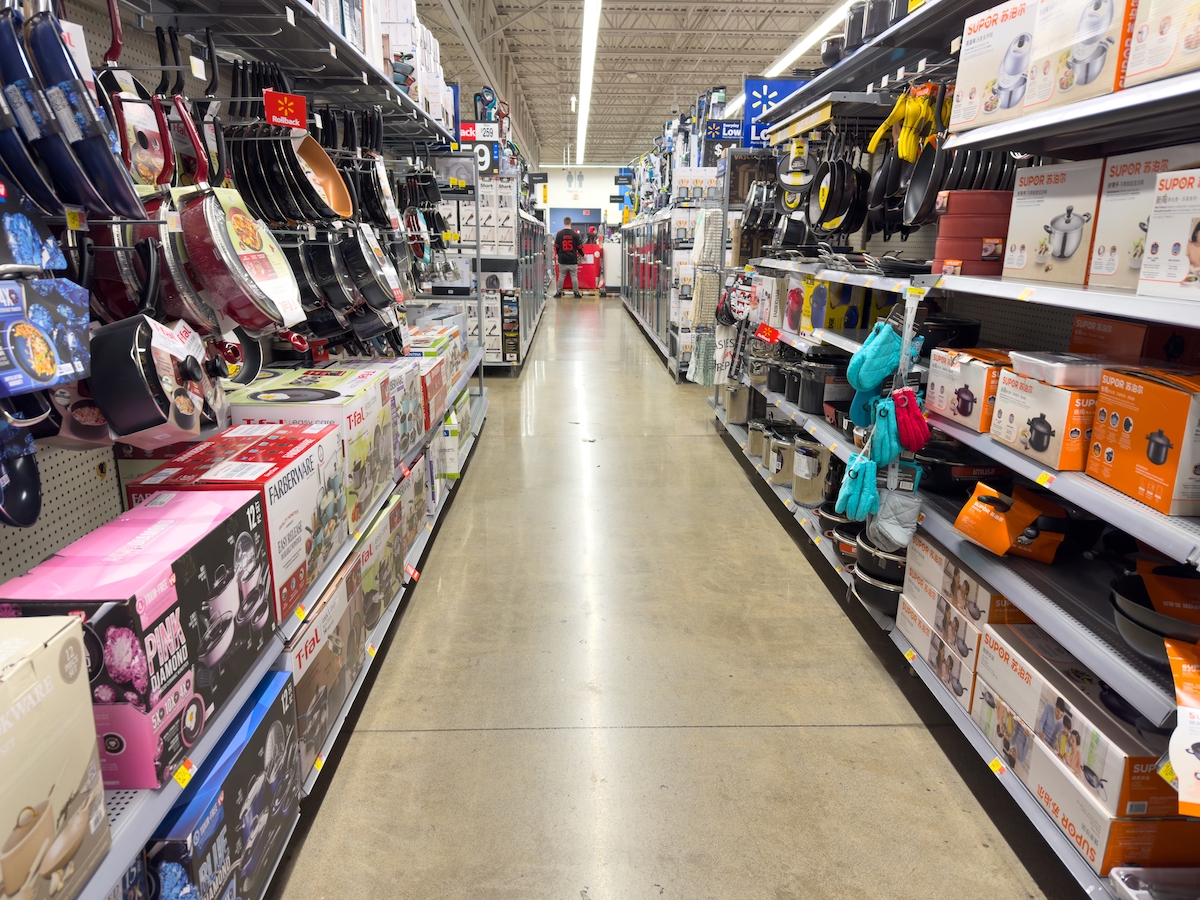 Wide view of kitchenware department isle at Walmart store.