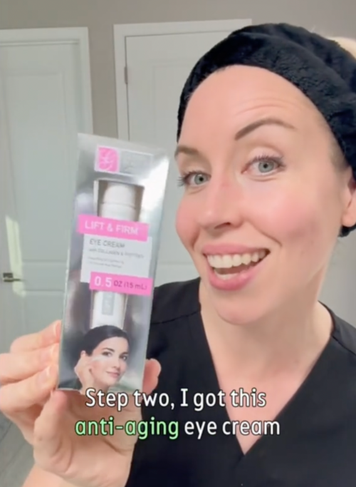 Dermatologist Maren Locke holds up a skincare product from Dollar Tree