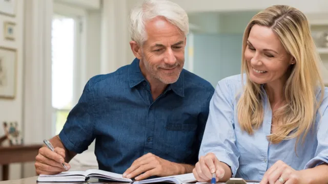 Mature couple reviewing documents at home