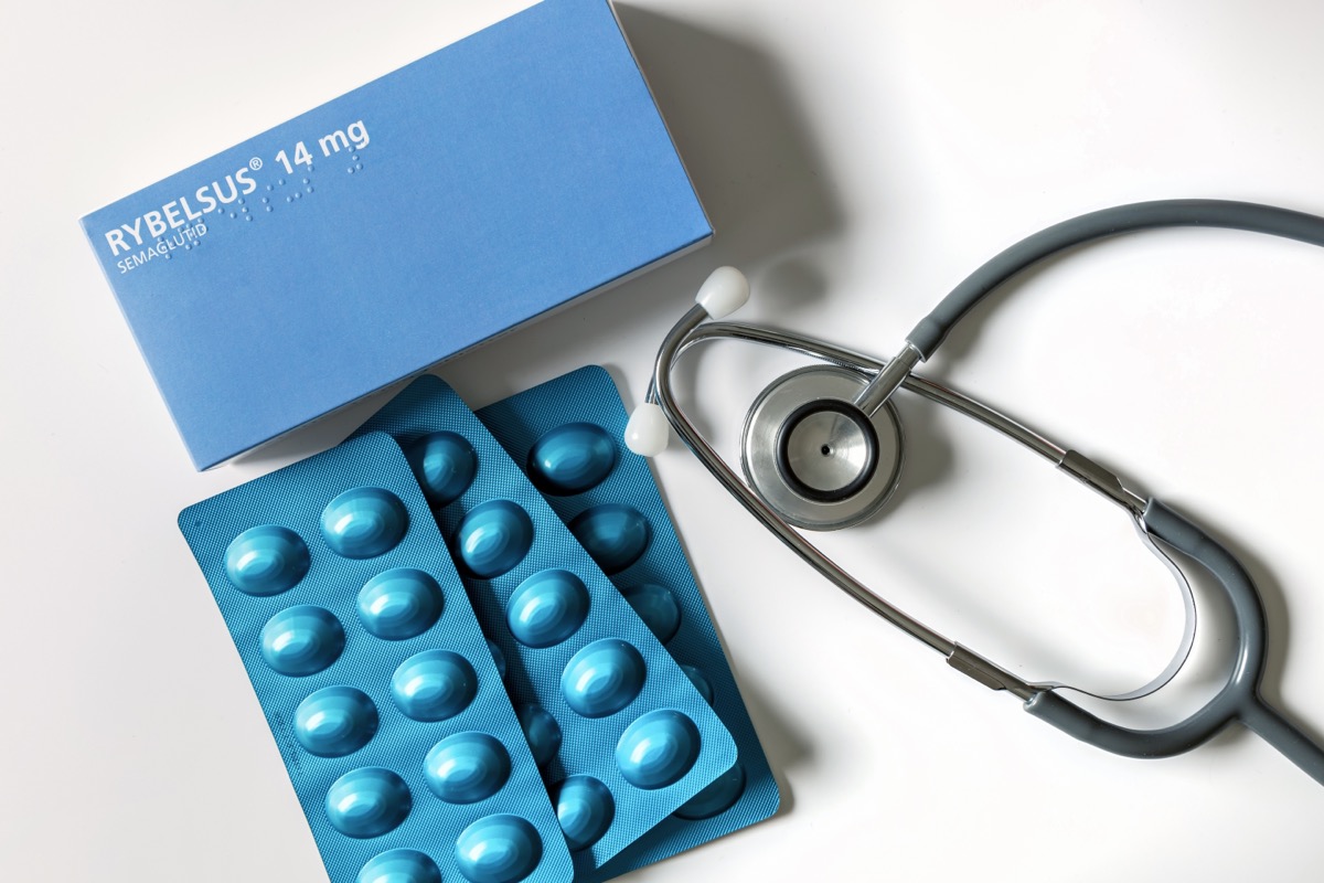 Packaging for Rybelsus, pills for diabetes and weight loss, alongside a stethoscope