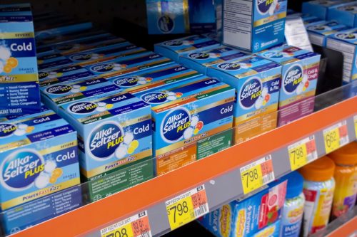 A view of several packages of Alka-Seltzer Plus, on display at a local retail store.