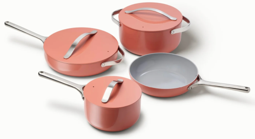 salmon-colored caraway pots and pans