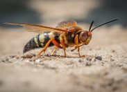 A close up of a Cicada Killer Wasp on the ground