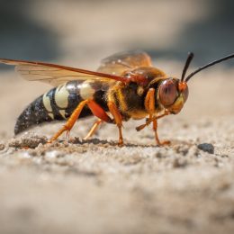 A close up of a Cicada Killer Wasp on the ground