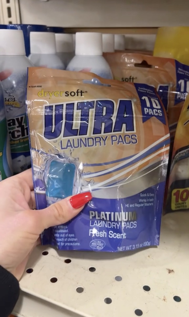 DryerSoft Laundry Pacs on the shelf at Dollar Tree