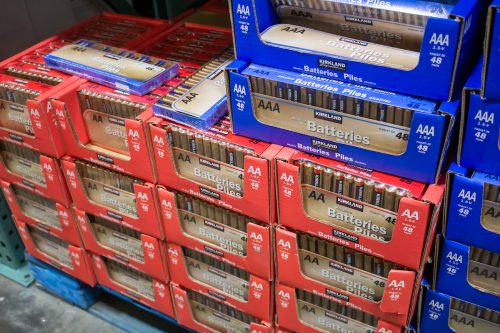 A view of several packages of Kirkland Signature batteries on display at a local Costco.