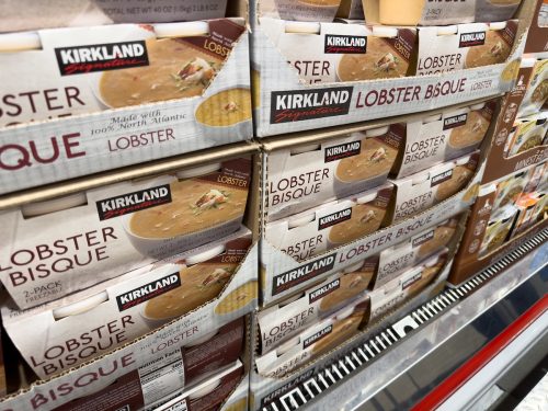 A view of several packages of Kirkland Signature lobster bisque, on display at a local Costco store.