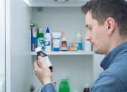 A person looking at a bottle of medicine from their medicine cabinet