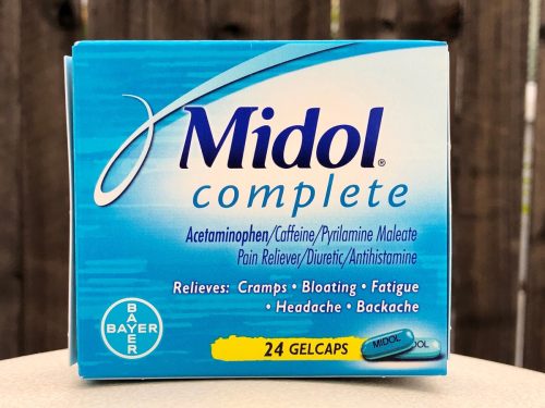 Box of Midol Compete pain relieving medicine for women, especially while in menstrual cycle. By Bayer company.