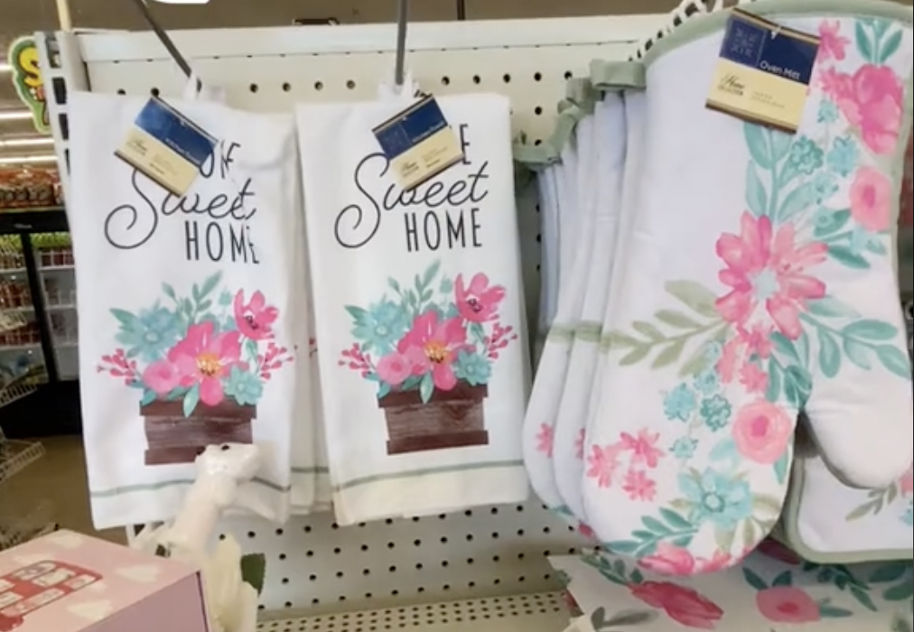 Still from a TikTok video showing colorful spring dish towels at Dollar Tree