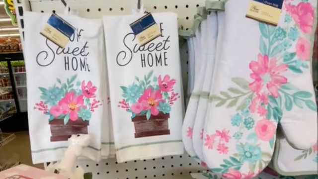 Still from a TikTok video showing colorful spring dish towels at Dollar Tree