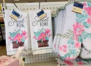 Still from a TikTok video showing colorful spring dish towels at Dollar Tree