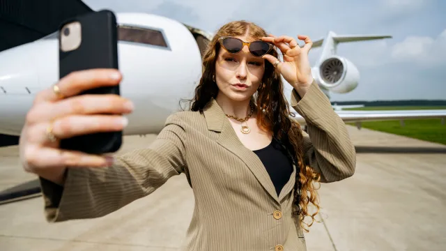 snobby-looking businesswoman taking a selfie in front of a private jet
