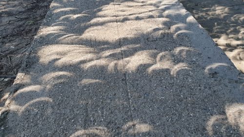 Unusual shadow bands of crescent light fluttering on the footpath during total solar eclipse phenomenon