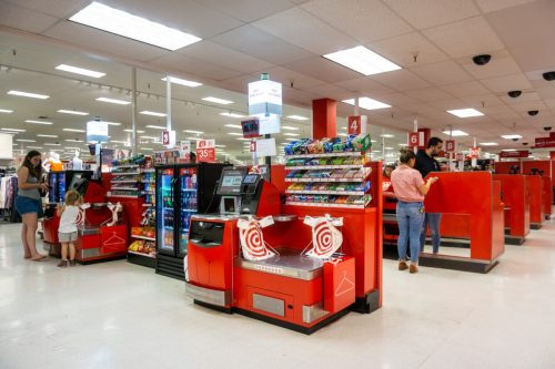 Self Checkout and Cash Registers area in a Target store in south San Francisco bay area