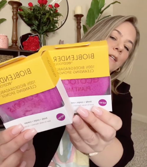 Female shopping influencer at home showing products from Dollar Tree