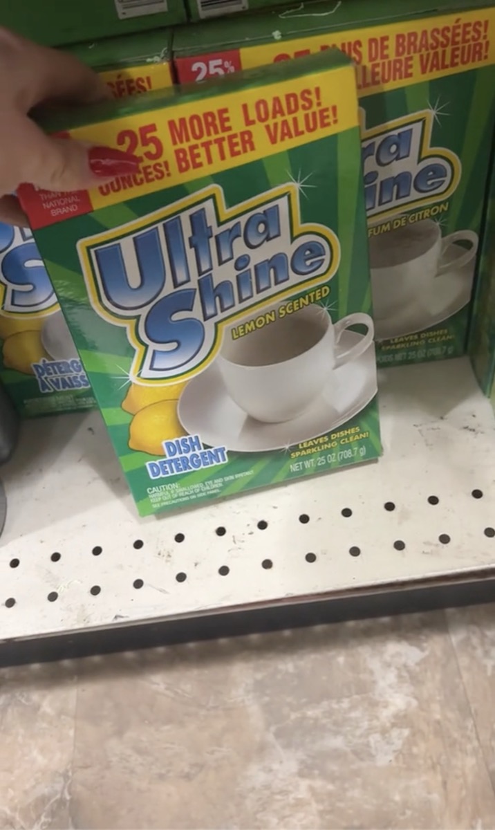 A box of Ultra Shine Dishwasher Detergent at Dollar Tree