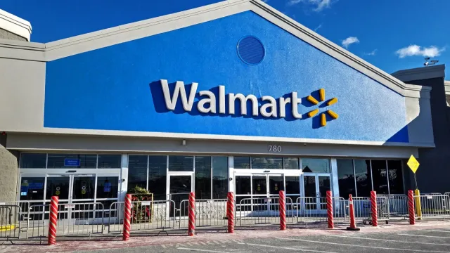 Walmart retailer storefront entrance bright sunshine day, in Lynn Massachusetts USA, November 22, 2018