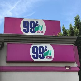 Double logo on the building facade of the 99 Cents Only store