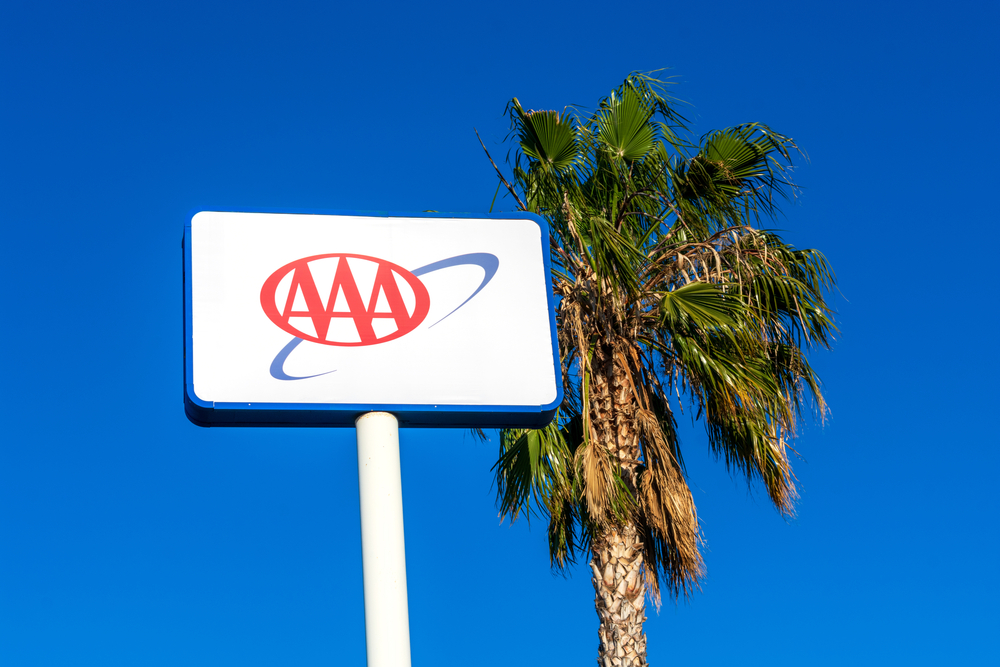 A close up of a AAA sign next to a palm tree
