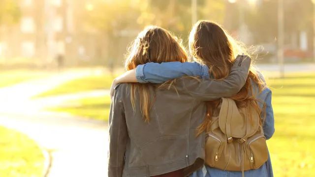 Rear view of two female friends walking through a park at sunset with their arms around each other
