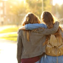 Rear view of two female friends walking through a park at sunset with their arms around each other