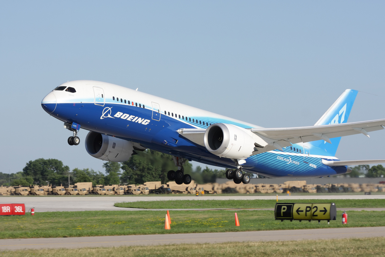 A Boeing 787 taking off from a runway