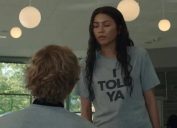 Zendaya wearing the "I TOLD YA" shirt in Challengers