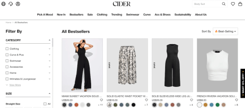 Screenshot of the shopping website Cider