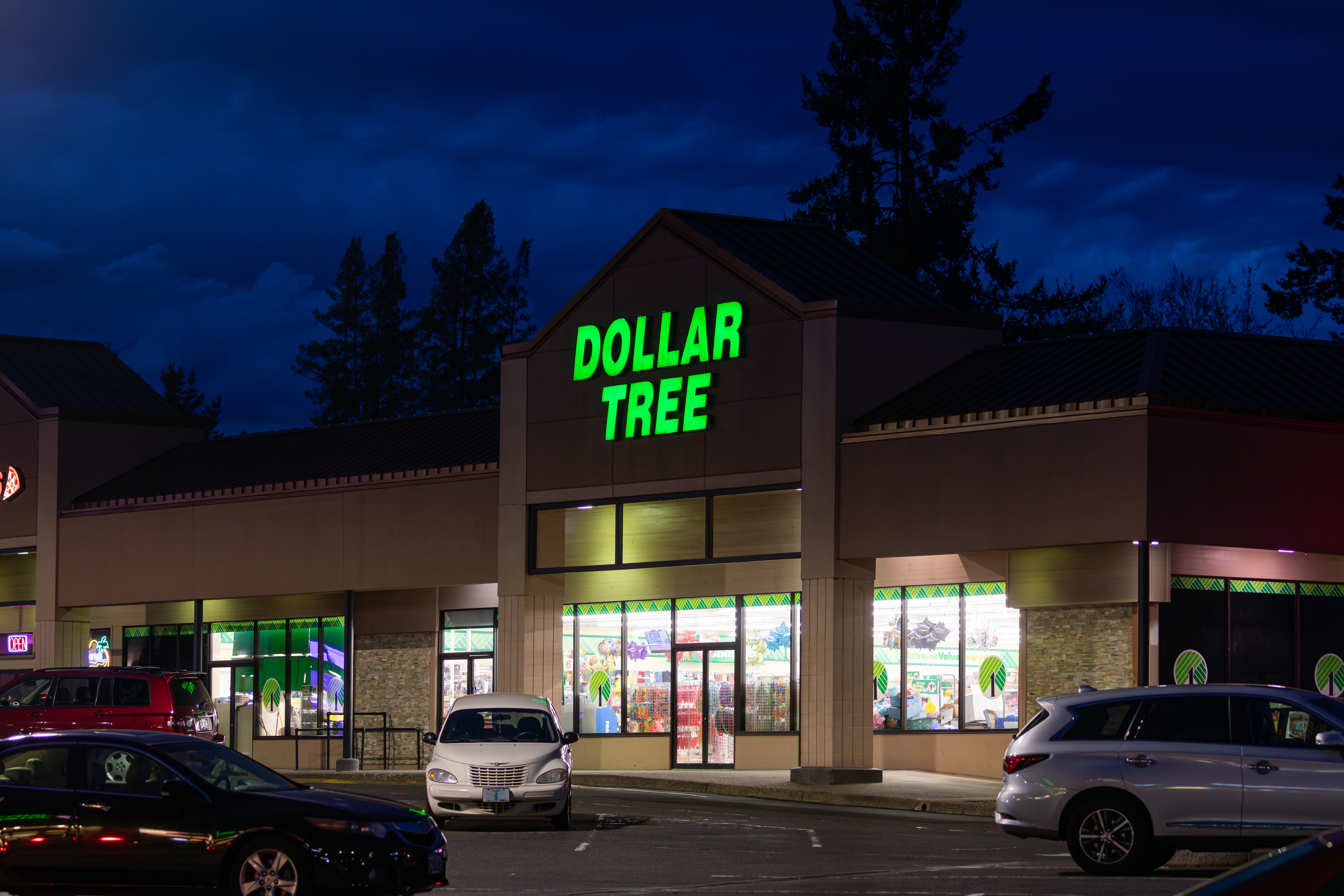 A Dollar Tree location at night with all of its lights on is surrounded by pine trees.