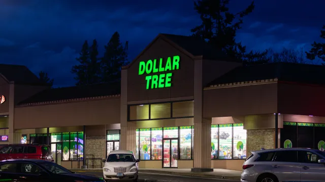 A Dollar Tree location at night with all of its lights on is surrounded by pine trees.