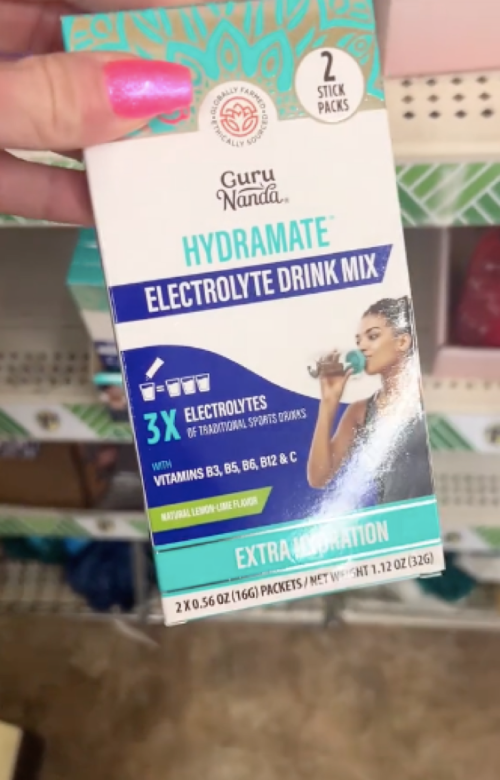still from TikTok of electrolyte drink mix being sold at Dollar Tree