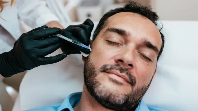 Handsome middle age bearded man is getting a rejuvenating facial injections at beauty clinic. The expert beautician is filling male wrinkles with botulinum toxin injections or hyaluronic acid fillers.