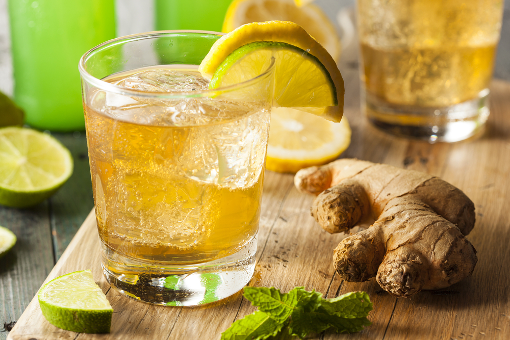 A close up of a glass with ginger ale in a glass and garnished with a lime and lemon, with a ginger root and sprig of mint sitting next to it