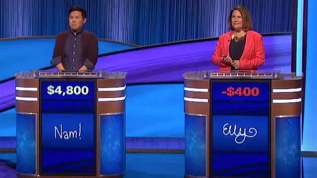 Still from Jeopardy! of contestants Nam Nguyen and Elly Trickett