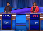 Still from Jeopardy! of contestants Nam Nguyen and Elly Trickett