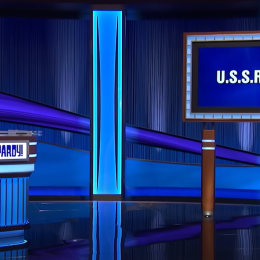 Still from Final Jeopardy with the host and the category "U.S.S.R.I.P"