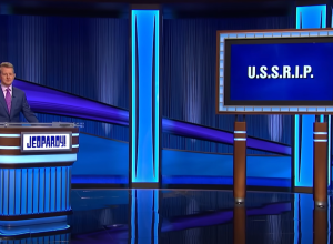 Still from Final Jeopardy with the host and the category "U.S.S.R.I.P"