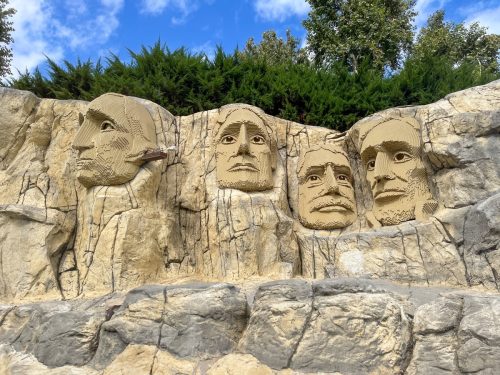 View of Mount Rushmore made with Legos from the Coast Cruise boat at Legoland California.
