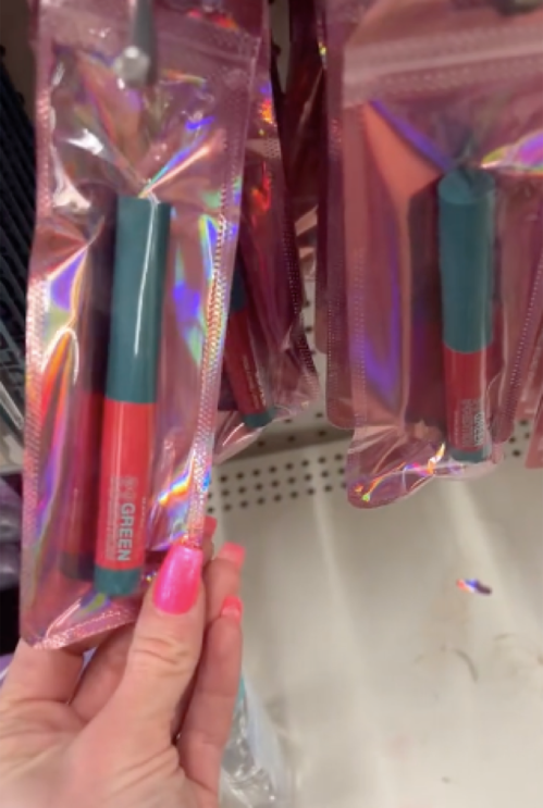 still from TikTok of makeup from Maybelline being sold at Dollar Tree