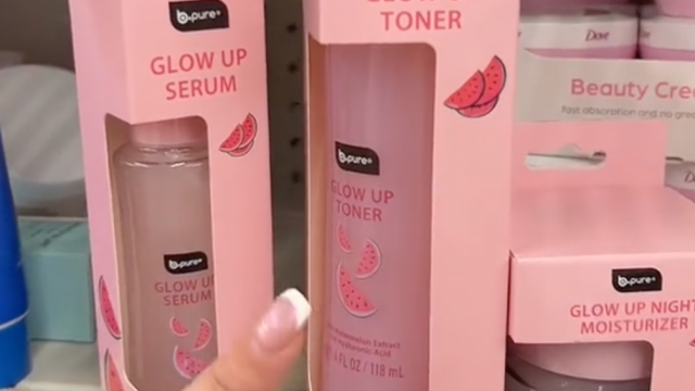 Closeup of pink skincare products at Dollar Tree