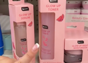 Closeup of pink skincare products at Dollar Tree