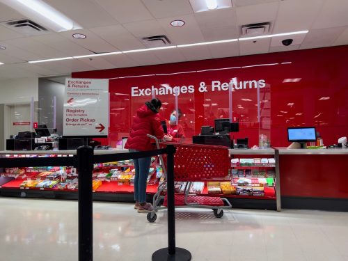 Wide view of the exchanges and returns line inside a Target retail store.