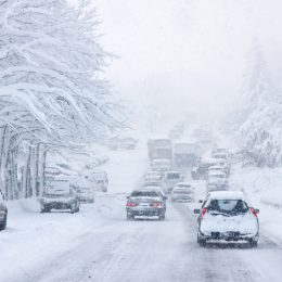 A rural roadway during a snowstorm