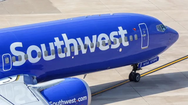 Southwest Boeing 737-8 MAX airplane at Dallas Love Field Airport (DAL) in the United States.