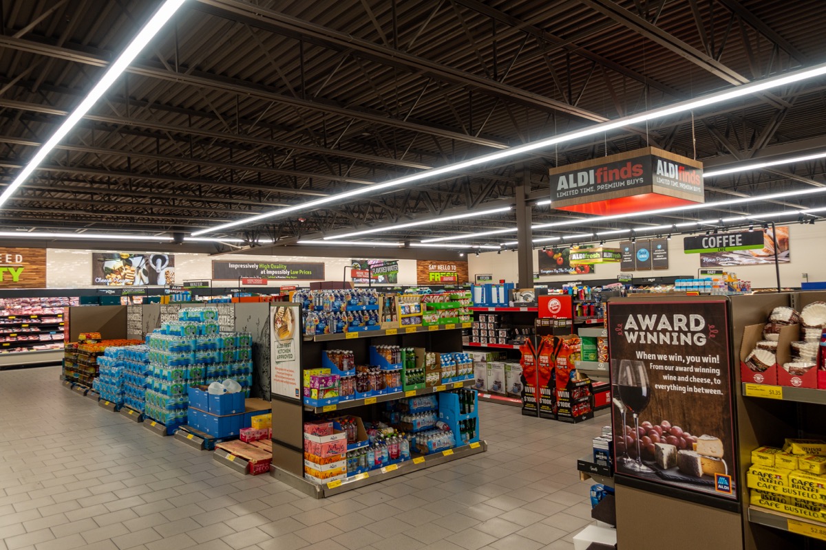 An overview of multiple aisles of an Aldi store.